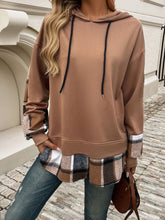 Devine Drawstring Plaid Long Sleeve Hoodie Camel OutfitFlow